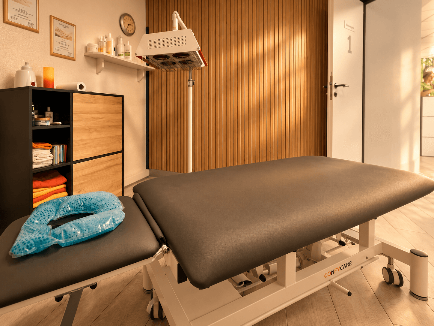 Ruhiger Behandlungsraum mit Therapieliege und warmer Holzgestaltung