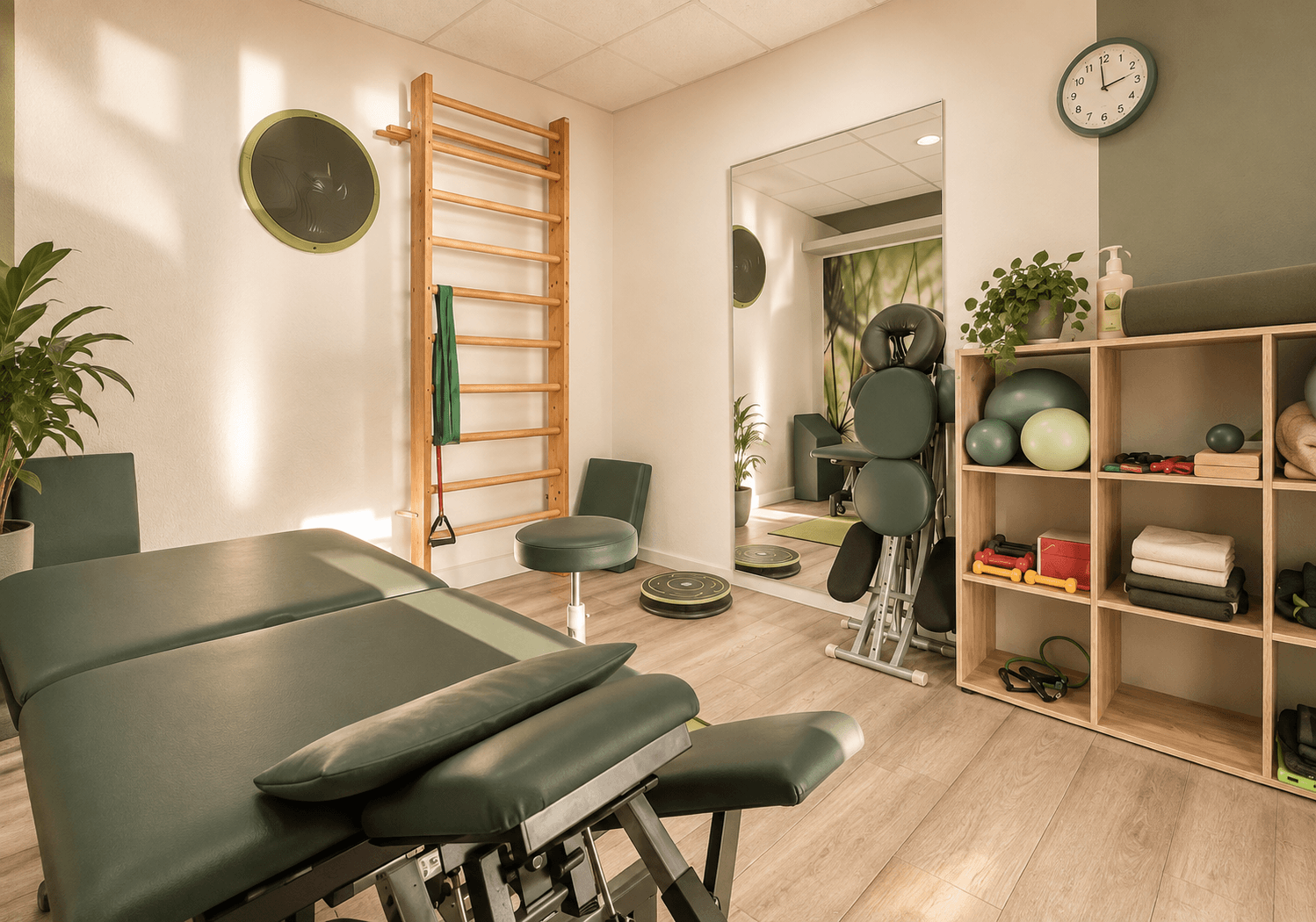 Therapieliege, Sprossenwand und Übungsmaterial im Behandlungsraum